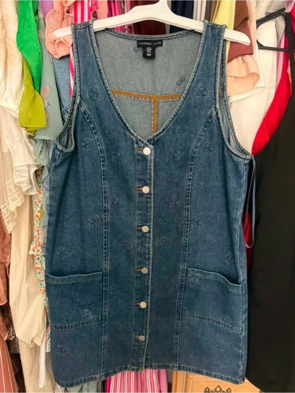 Denim Button-Front Sleeveless Dress - Blue